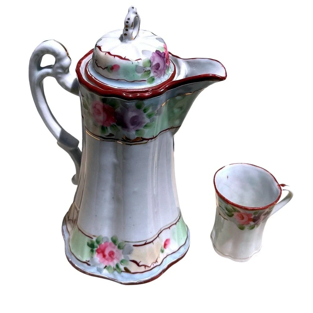 Vintage Hand Painted Porcelain Coffee Pot Floral Gold Japan Tea Chocolate‎ Pot